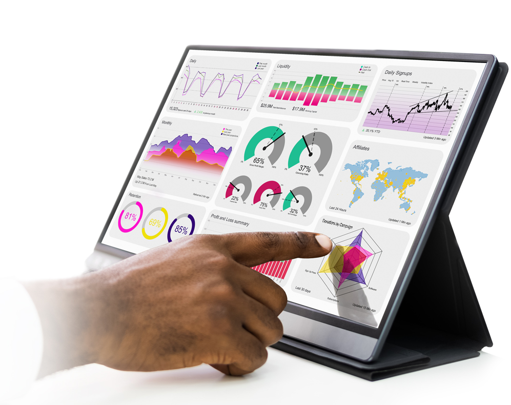 laptop displaying informational charts